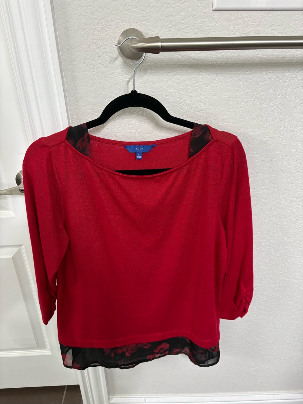Apt. 9 Women's Red Layered Hem Boatneck Top with Black Floral Trim